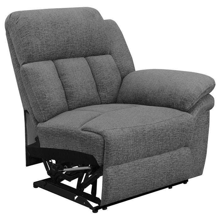CoasterEssence Bahrain upholstered motion sofa in charcoal fabric with reclining seats