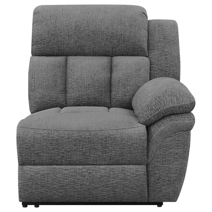 CoasterEssence Bahrain upholstered motion sofa in charcoal gray with padded seats and reclining features