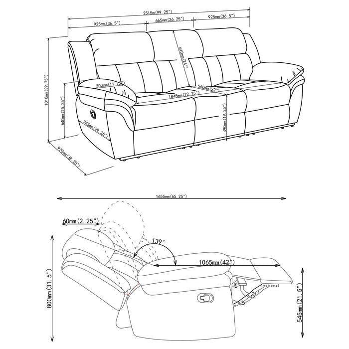CoasterEssence Bahrain upholstered motion sofa in charcoal fabric with reclining seats and padded cushions