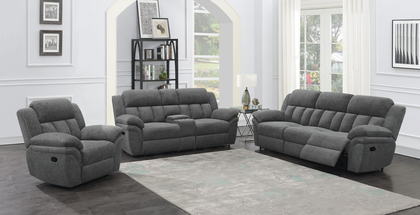 Bahrain upholstered motion sofa in charcoal by CoasterEssence with reclining seats and padded armrests