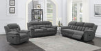 Bahrain upholstered motion sofa in charcoal by CoasterEssence with reclining seats and padded armrests