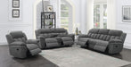 CoasterEssence Bahrain upholstered motion sofa in charcoal fabric, featuring reclining seats and padded armrests
