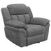 Charcoal Bahrain upholstered power glider recliner by CoasterEssence, side view with padded arms and backrest