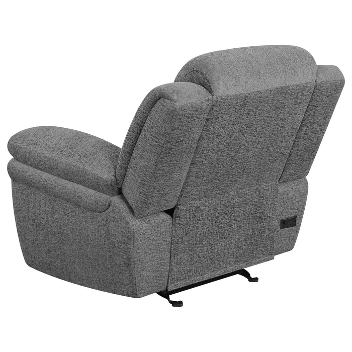 Bahrain upholstered power glider recliner in charcoal by CoasterEssence