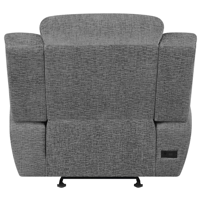 CoasterEssence Bahrain charcoal upholstered power glider recliner chair side view
