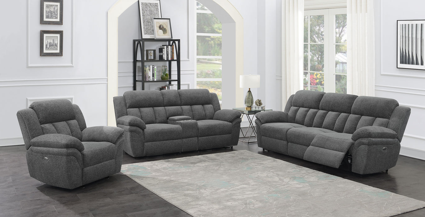 CoasterEssence Bahrain upholstered power glider recliner in charcoal gray furniture finish