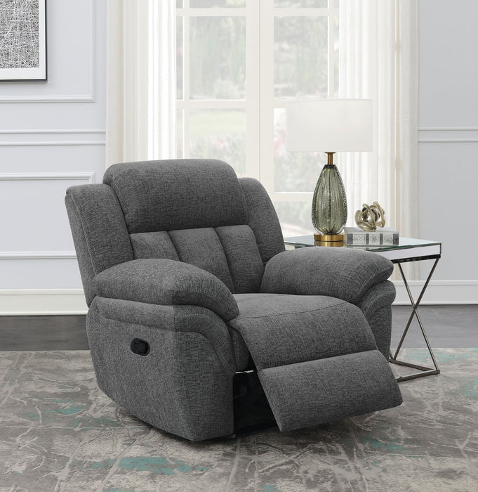 CoasterEssence Bahrain upholstered glider recliner in charcoal fabric with padded arms and reclining backrest