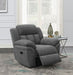 CoasterEssence Bahrain upholstered glider recliner in charcoal fabric with padded arms and reclining backrest