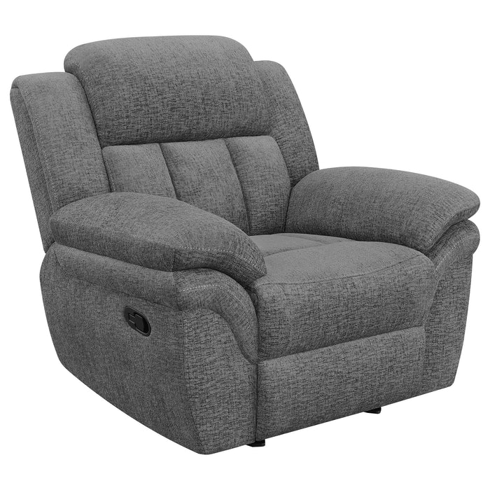 CoasterEssence Bahrain charcoal upholstered glider recliner chair with padded arms and reclining backrest