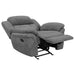 CoasterEssence Bahrain charcoal upholstered glider recliner chair with padded arms and reclining backrest