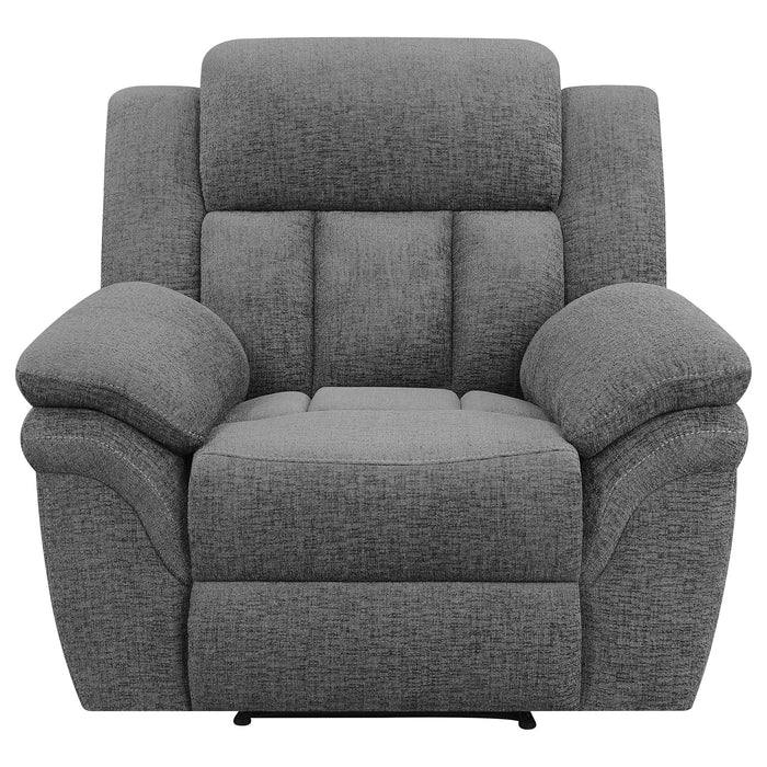 CoasterEssence Bahrain charcoal upholstered glider recliner chair with padded arms and reclining backrest