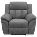 CoasterEssence Bahrain charcoal upholstered glider recliner chair with padded arms and reclining backrest