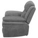 Bahrain upholstered glider recliner in charcoal by CoasterEssence, shown in a modern furniture setting