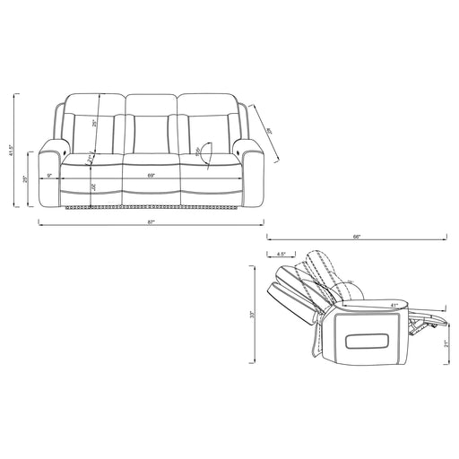 CoasterEveryday Rojas dual power reclining sofa in black with LED lighting and charging ports