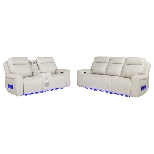 Rojas 2-piece dual power reclining sofa set by CoasterEveryday in greige with drop-down console