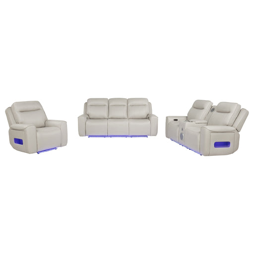 CoasterEveryday Rojas 3-piece dual power reclining sofa set in greige with drop-down console