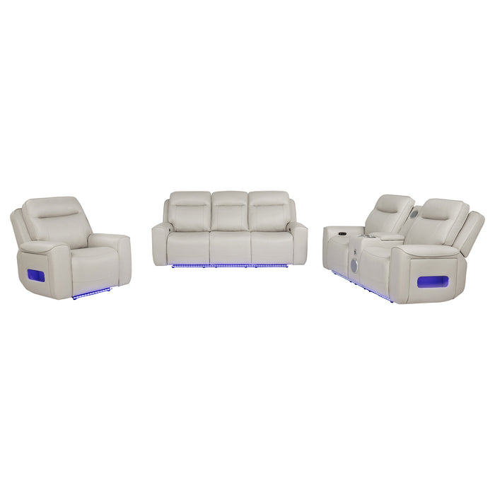 CoasterEveryday Rojas 3-piece dual power reclining sofa set in greige with drop-down console