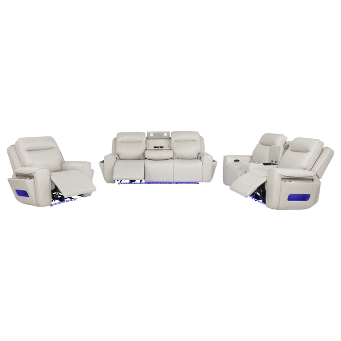 Rojas 3-piece dual power reclining sofa set by CoasterEveryday in greige with drop-down console