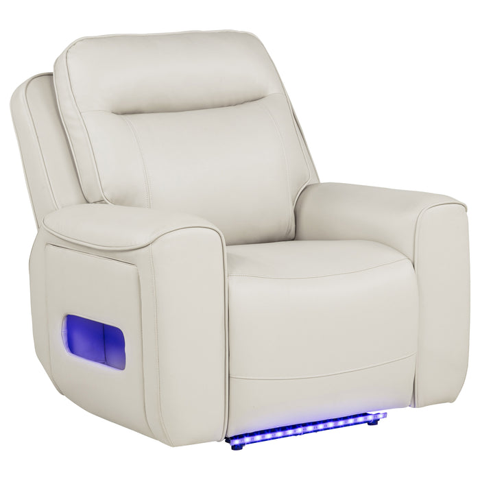 CoasterEveryday Rojas 3-piece dual power reclining sofa set in greige with drop-down console