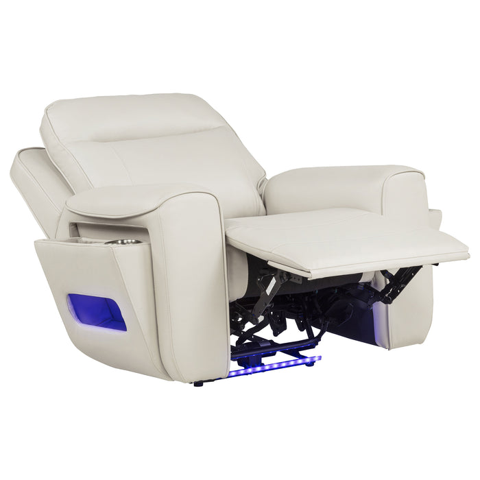 CoasterEveryday Rojas 3-piece dual power reclining sofa set in greige with drop-down console