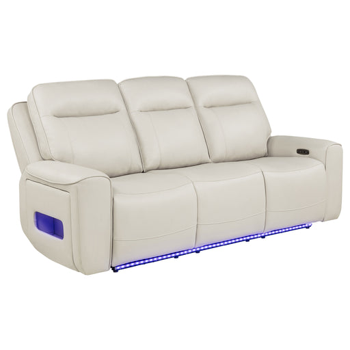 CoasterEveryday Rojas dual power reclining sofa in greige with drop-down console