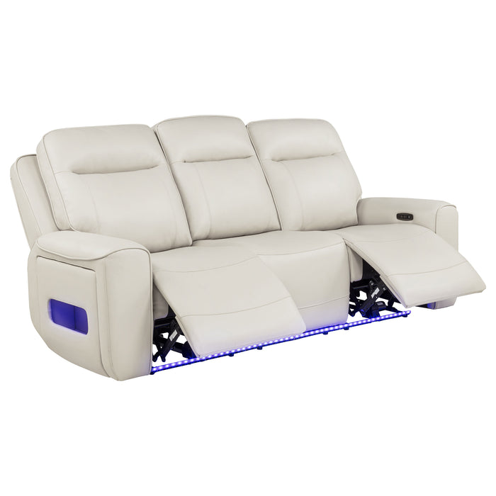 CoasterEveryday Rojas dual power reclining sofa in greige with drop-down console