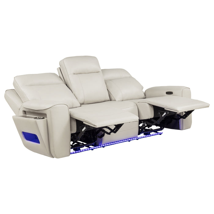 CoasterEveryday Rojas dual power reclining sofa in greige with drop-down console