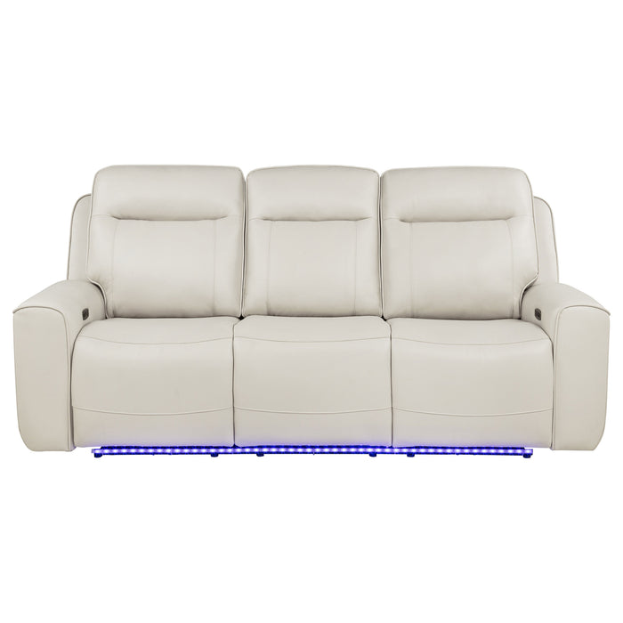 CoasterEveryday Rojas dual power reclining sofa in greige with drop-down console