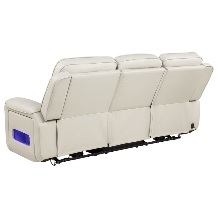 CoasterEveryday Rojas dual power reclining sofa in greige with drop-down console