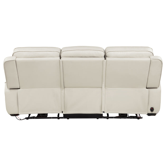 CoasterEveryday Rojas dual power reclining sofa in greige with drop-down console and cup holders