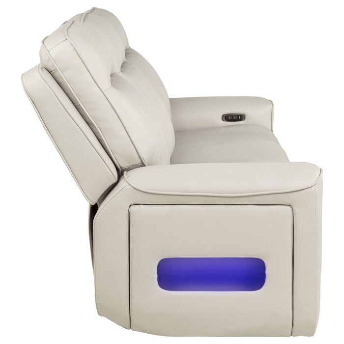 CoasterEveryday Rojas greige dual power reclining sofa with drop-down console