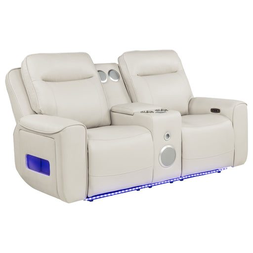 CoasterEveryday Rojas greige dual power reclining loveseat with built-in Bluetooth speakers