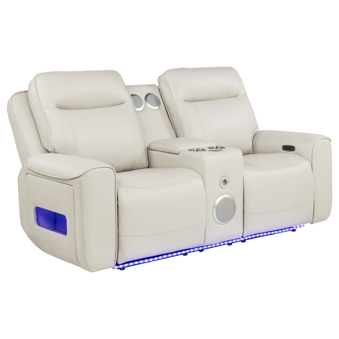 CoasterEveryday Rojas greige dual power reclining loveseat with built-in Bluetooth speakers