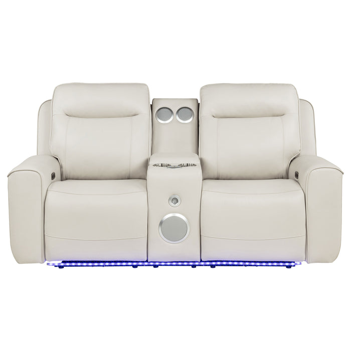 CoasterEveryday Rojas greige dual power reclining loveseat with built-in Bluetooth speakers