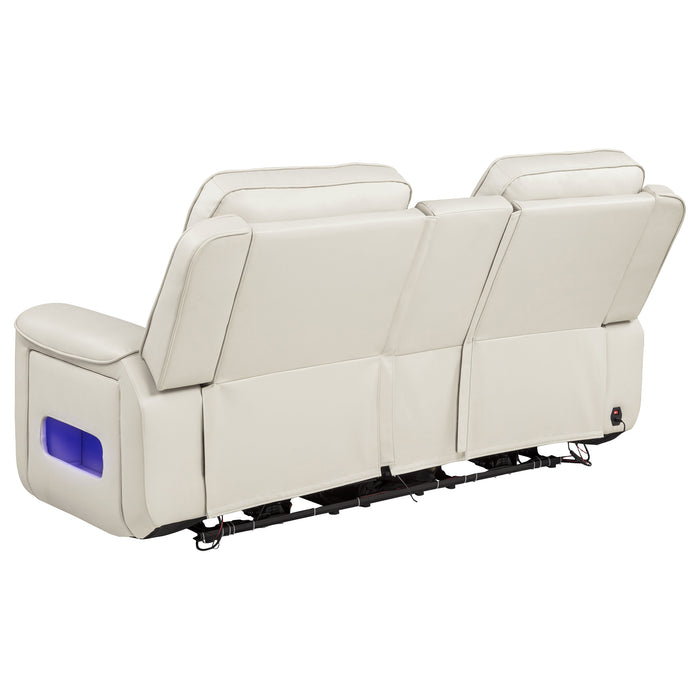 Greige Rojas dual power reclining loveseat with built-in Bluetooth speakers by CoasterEveryday