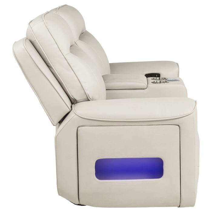 CoasterEveryday Rojas dual power reclining loveseat in greige with Bluetooth speakers