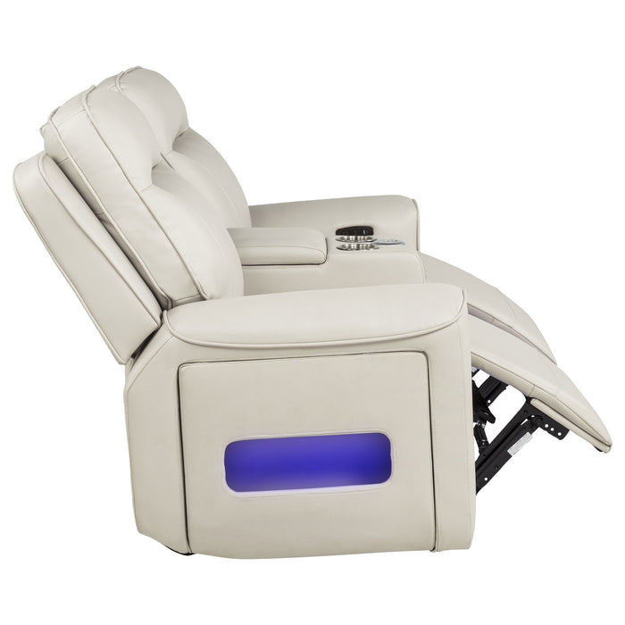 CoasterEveryday Rojas dual power reclining loveseat in greige with built-in Bluetooth speakers