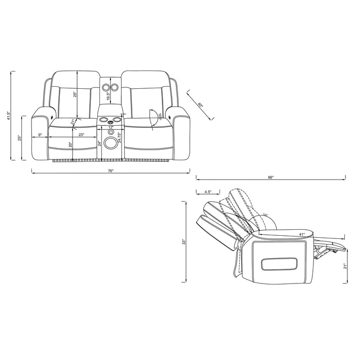 CoasterEveryday Rojas dual power reclining loveseat in greige with built-in Bluetooth speakers