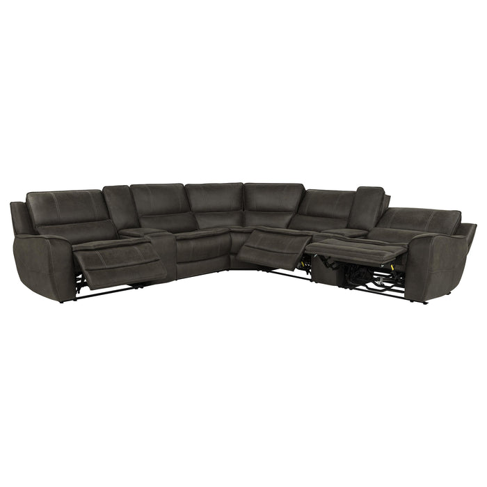 CoasterEveryday Marcell 7-piece grey L-shaped power reclining sectional with dual consoles