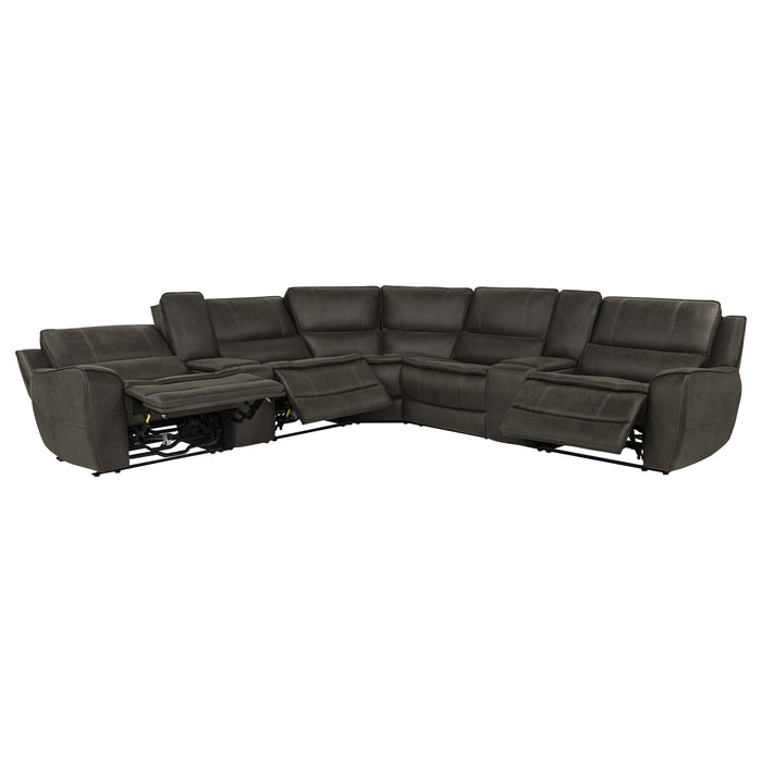 CoasterEveryday Marcell 7-piece grey L-shaped power reclining sectional with dual consoles