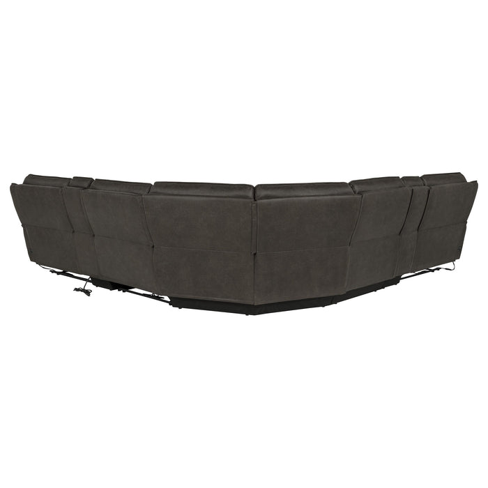 CoasterEveryday Marcell 7-piece gray L-shaped power reclining sectional with dual consoles