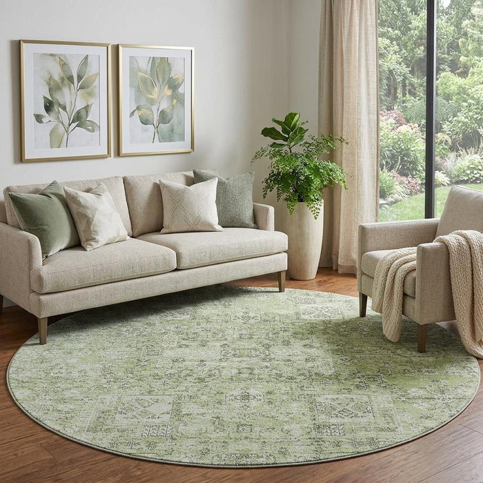 8' Floral Washable Round Rug With UV Protection (651175) - Green / Ivory