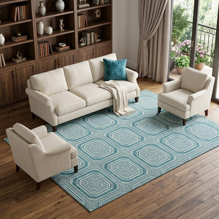 10' X 14' Geometric Washable Area Rug With UV Protection (693840) - Teal / Ivory