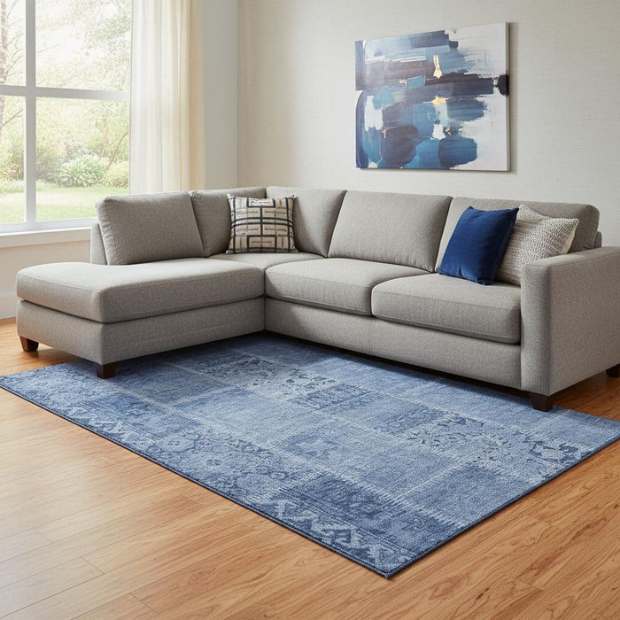 9' X 12' Patchwork Washable Area Rug With UV Protection (653253) - Navy Blue / Ivory