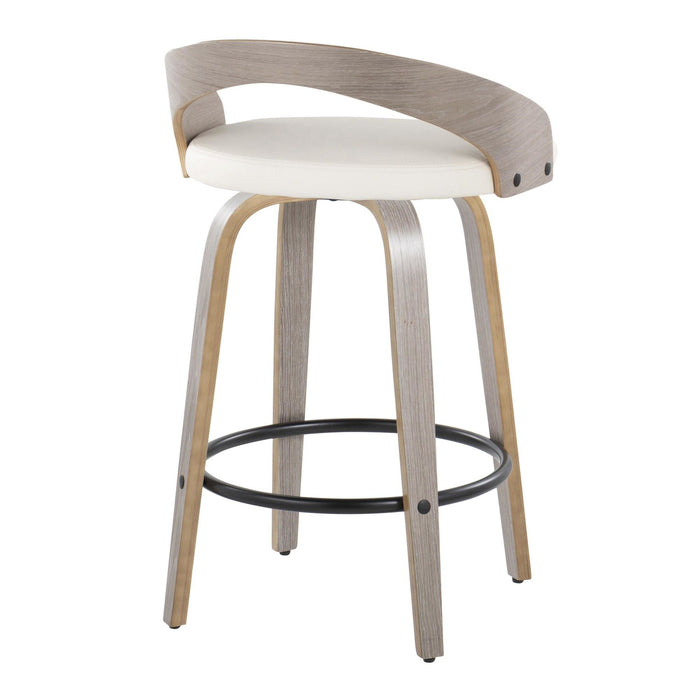 Grotto - Fixed-Height Counter Stool (Set of 2) - Light Gray Wood, White Faux Leather, Black Metal