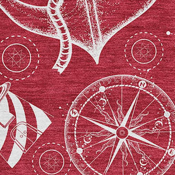 10' X 14' Nautical Washable Area Rug With UV Protection - Red And Ivory
