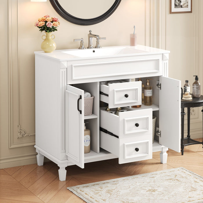 Giga bathroom vanity with top sink, basin on cabinet, featuring two soft-closing doors and two drawers, modern bathroom storage unit