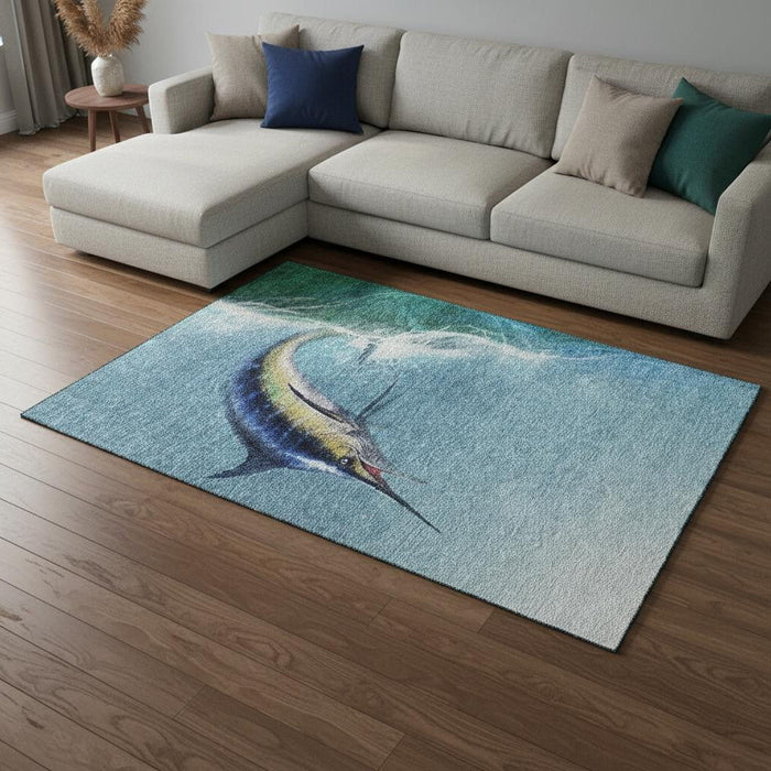 8' X 10' Nautical Washable Area Rug With UV Protection (645365) - Caribbean Blue / Emerald / Beige
