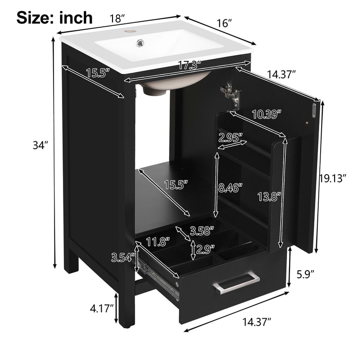 Giga bathroom vanity with ceramic sink, soft-close drawers, door organizer, divider drawer, and adjustable foot pads.