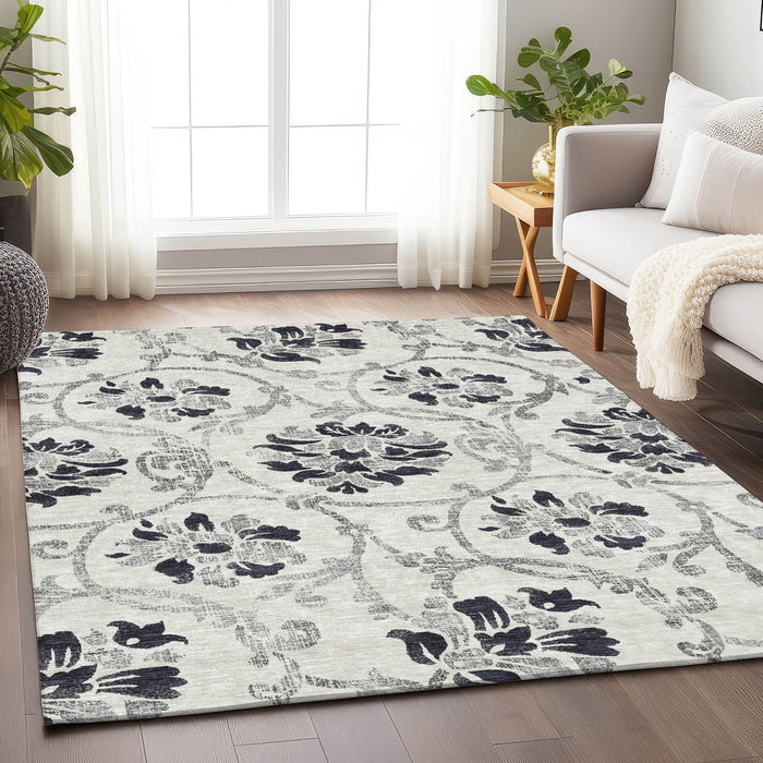 10' X 14' Floral Washable Area Rug With UV Protection - Black And Ivory
